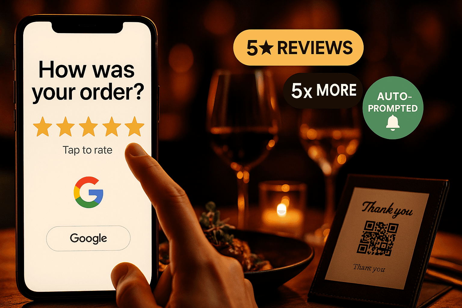 A restaurant owner at a quiet table, phone in hand, drafting a calm reply to a one-star review