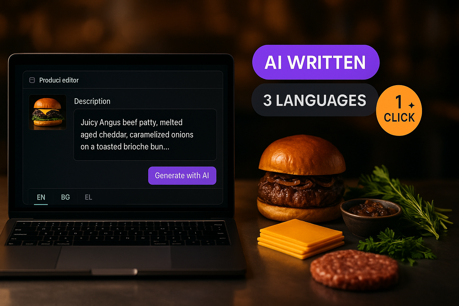 AI-Generated Product Descriptions — Stop staring at a blank text field. Generate product descriptions in one click for every language your menu supports.