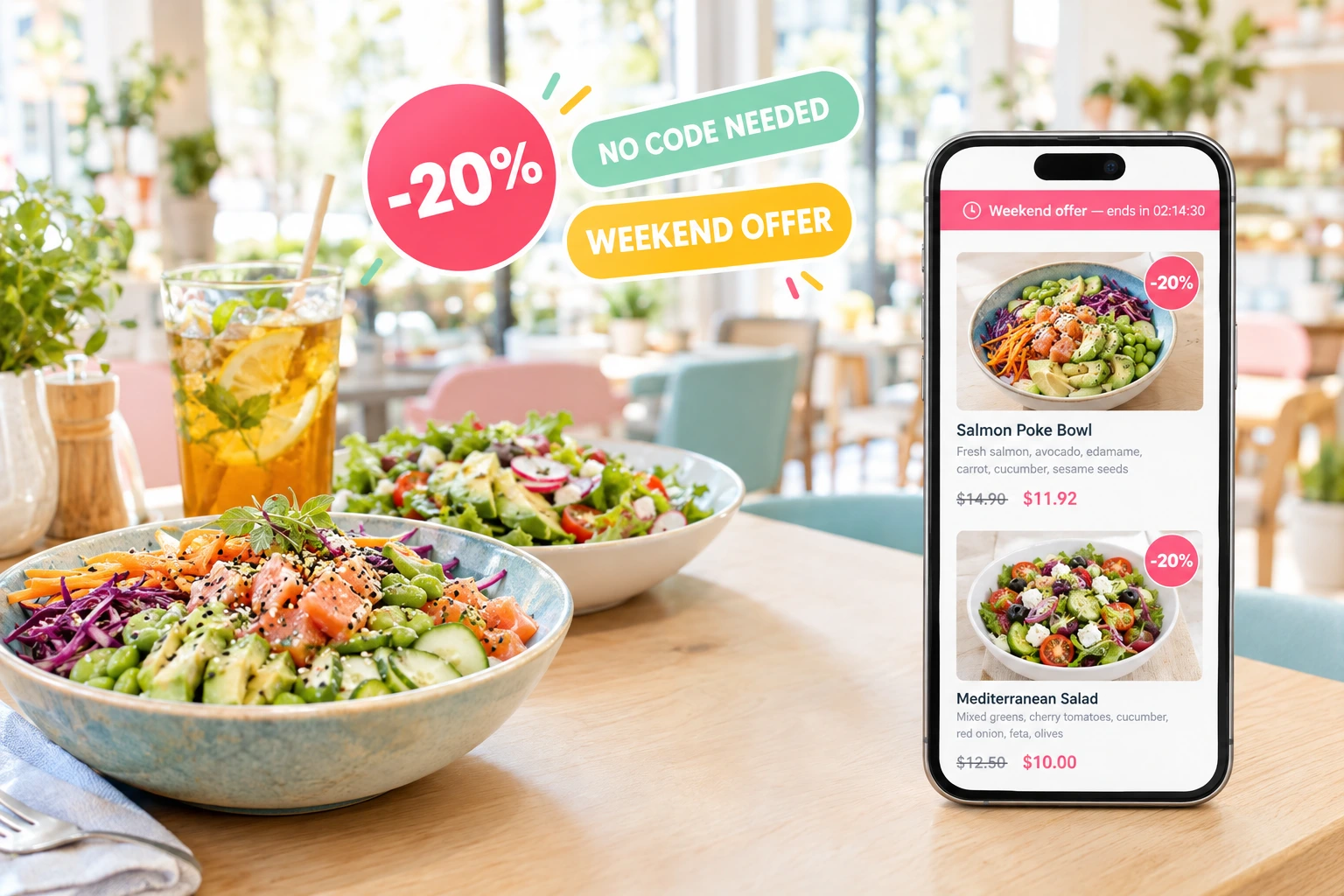 Discounts That Apply Themselves — No code to type. The guest sees the old price crossed out on the dish, or the discount as a line in the basket — and pays exactly that.