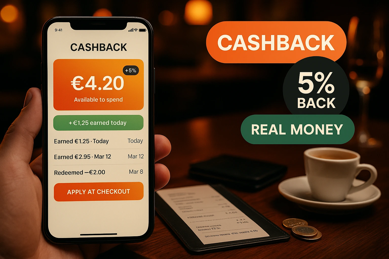 Cashback Wallet for Restaurants — Customers earn a percentage of every order back as real money in their wallet, ready to spend on the next visit. Set it up in 60 seconds, switch it off any time.