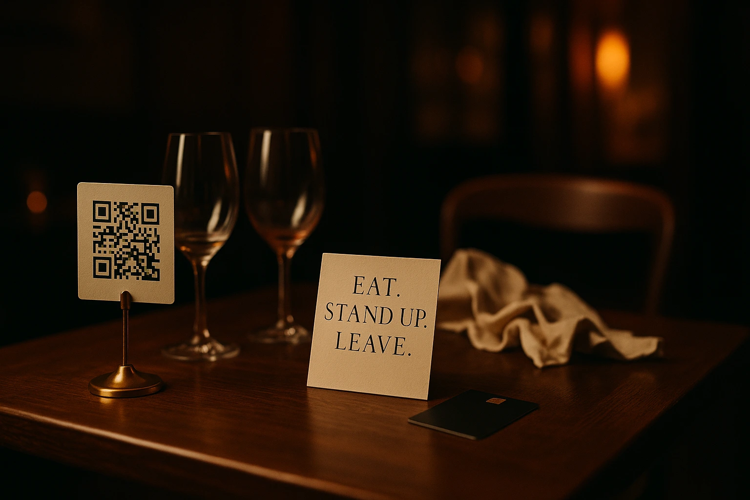 Checkless Walk-Out Payment for Restaurants — Diners scan a QR, save a card on the bill, eat, and walk out. The card auto-charges when the table goes idle — no flagging down a server, no waiting on a check.