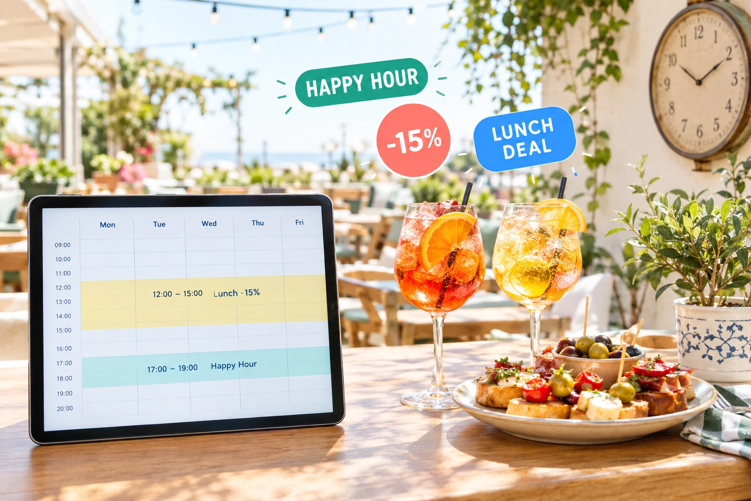 Happy Hour, Lunch Deals and Channel Discounts — Tie a promotion to the hours it should run and to the way guests order. Cheaper pickup, a lunchtime discount, drinks off in the early evening — on and off by themselves.