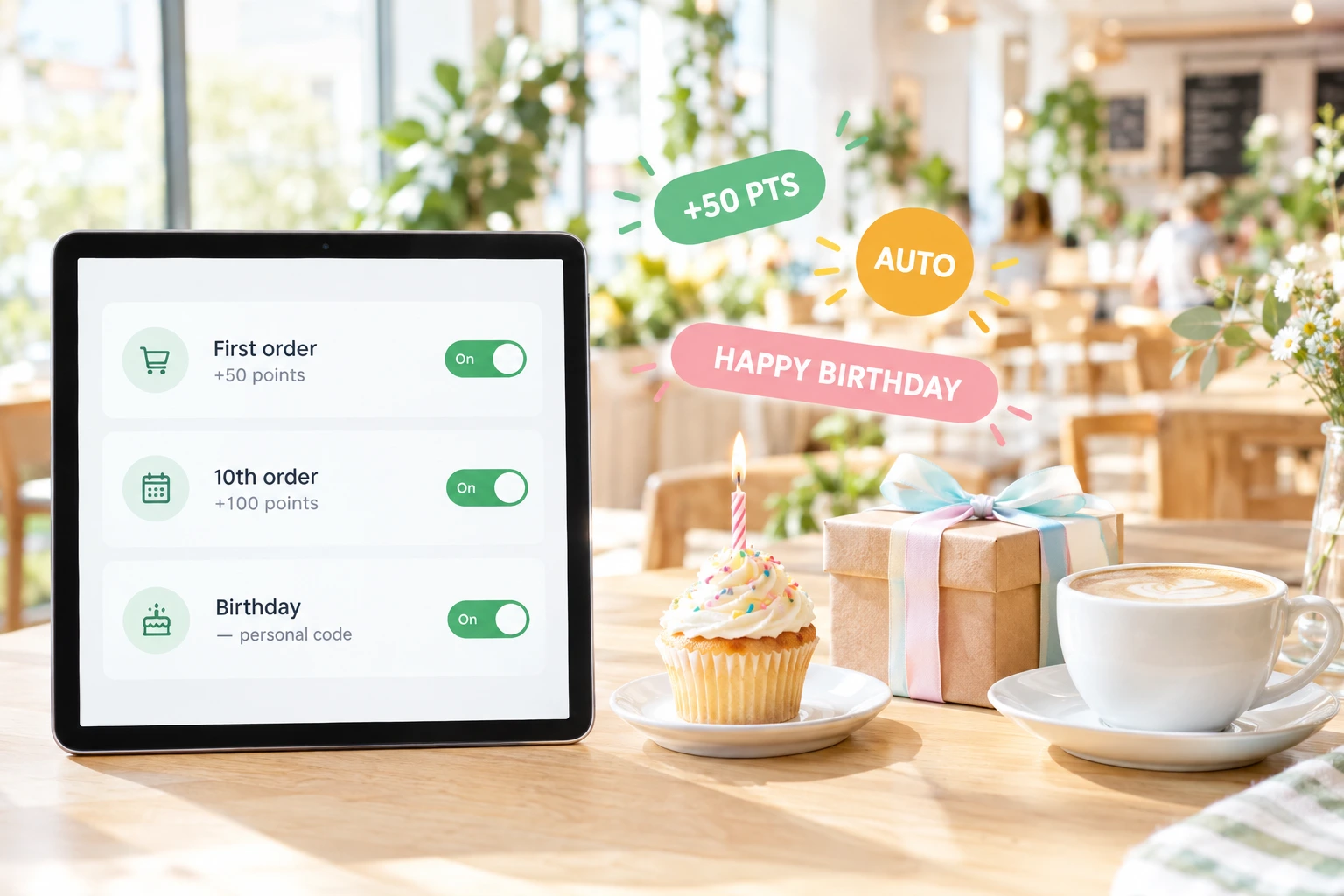 Automatic Loyalty Rewards for Restaurants — Reward a guest's first order, their tenth, or the moment their spend passes a milestone — automatically. Add a birthday email with a personal discount code, and let your loyalty programme say thank you while you run the kitchen.