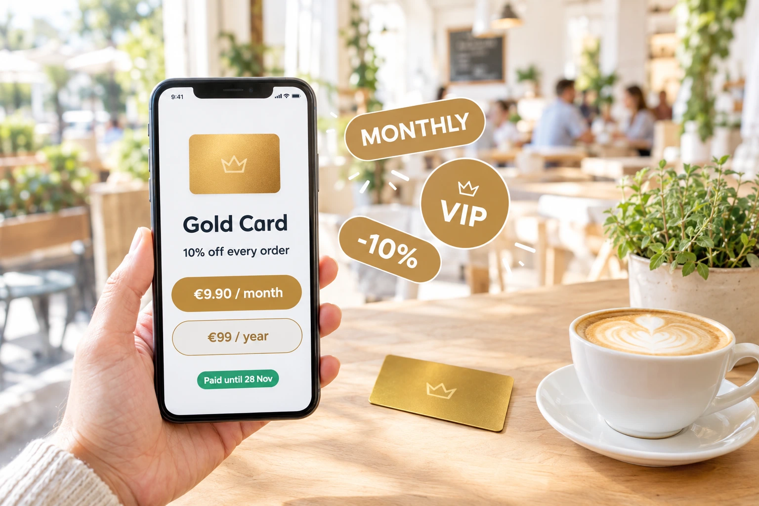 Sell Your Restaurant's Club Card as a Monthly or Annual Subscription — Guests buy your VIP card online for a month or a year, pay with the card methods you already use, and get their discount on every order straight away. Each payment adds its months to the same card.