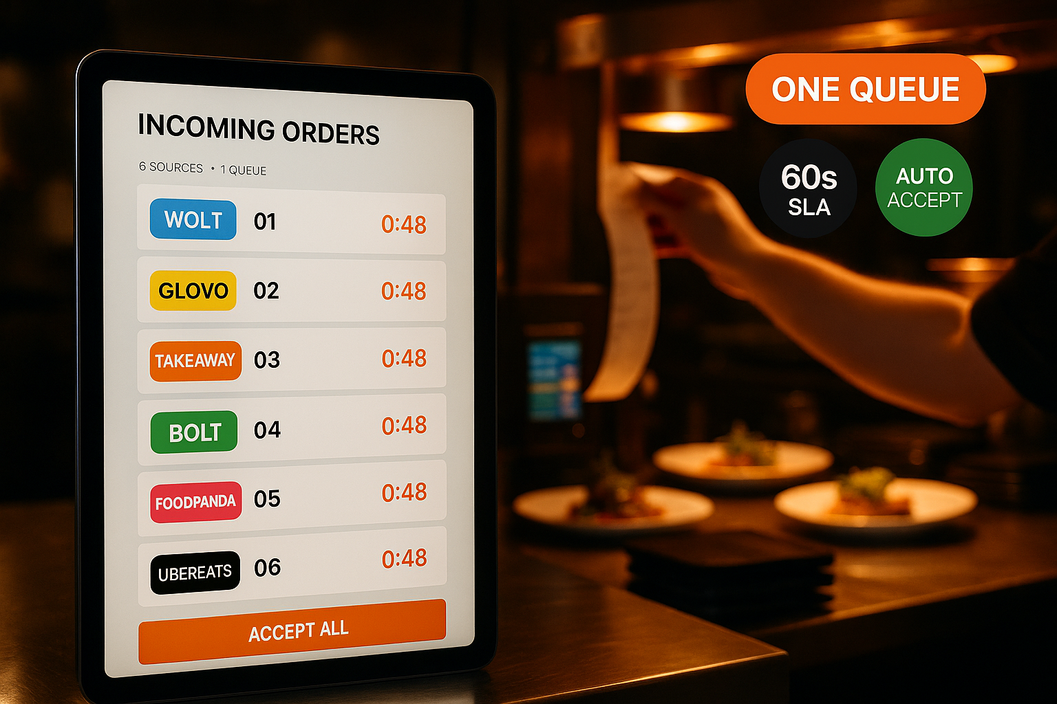 All Your Marketplace Orders in One Place — Receive orders from Wolt, Glovo, Takeaway, Bolt Food, Foodpanda, and UberEats directly in the Ordering.Tools admin and KDS — same screens, same printers, same notifications as your direct orders.