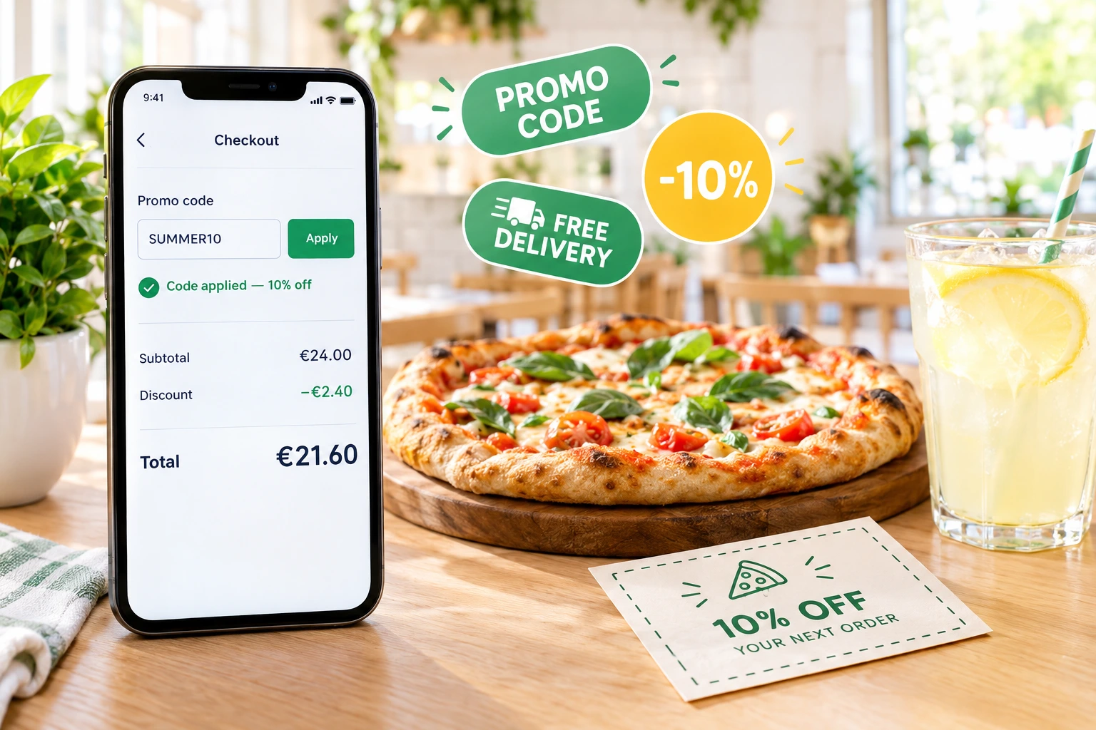 Promo Codes With Rules You Control — Create codes your guests type at checkout — a percentage, a fixed amount or free delivery — and decide who can use them, on which dishes, for which order type and until when.