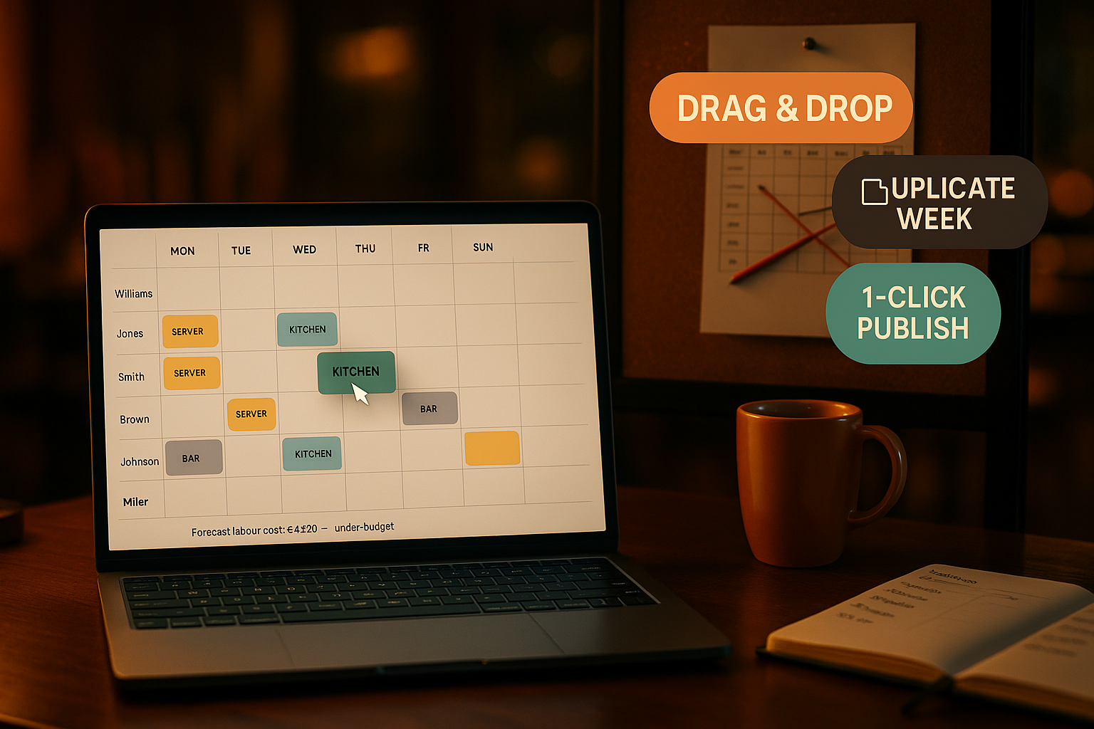 Rota Builder — Plan the week in minutes, not afternoons — Drag-and-drop weekly schedule for the whole team. Copy last week to next week with one click, approve time-off requests inline, and let staff claim open shifts from their phone.