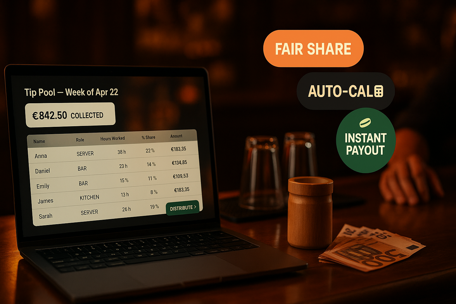 Tip Pool — Distribute tips by role and clocked hours, atomically — Open a tip pool for a period, define percentage splits per role (60% servers / 30% kitchen / 10% bar), and the platform distributes the total across staff in proportion to their clocked hours in each role. One transaction, one audit row, zero spreadsheets.