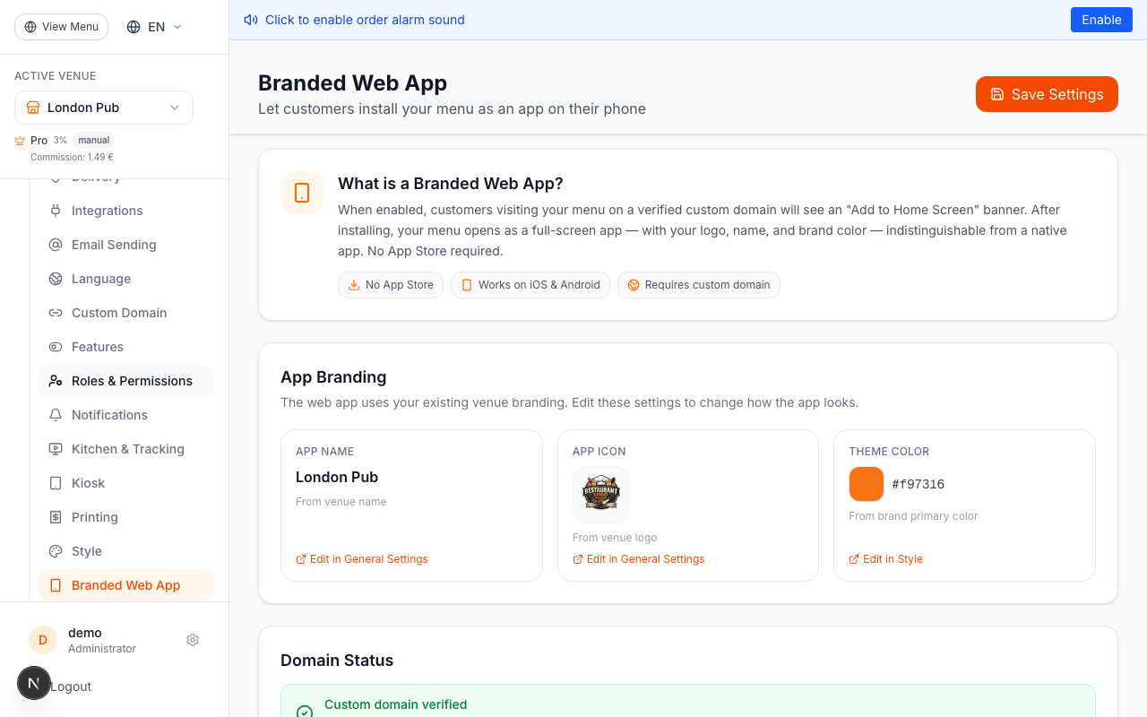 Navigate to Branded Web App Settings