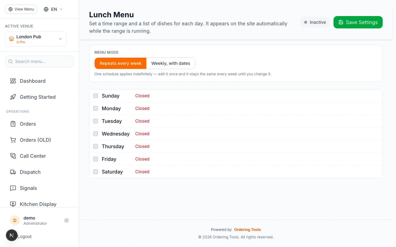Open Lunch Menu Settings