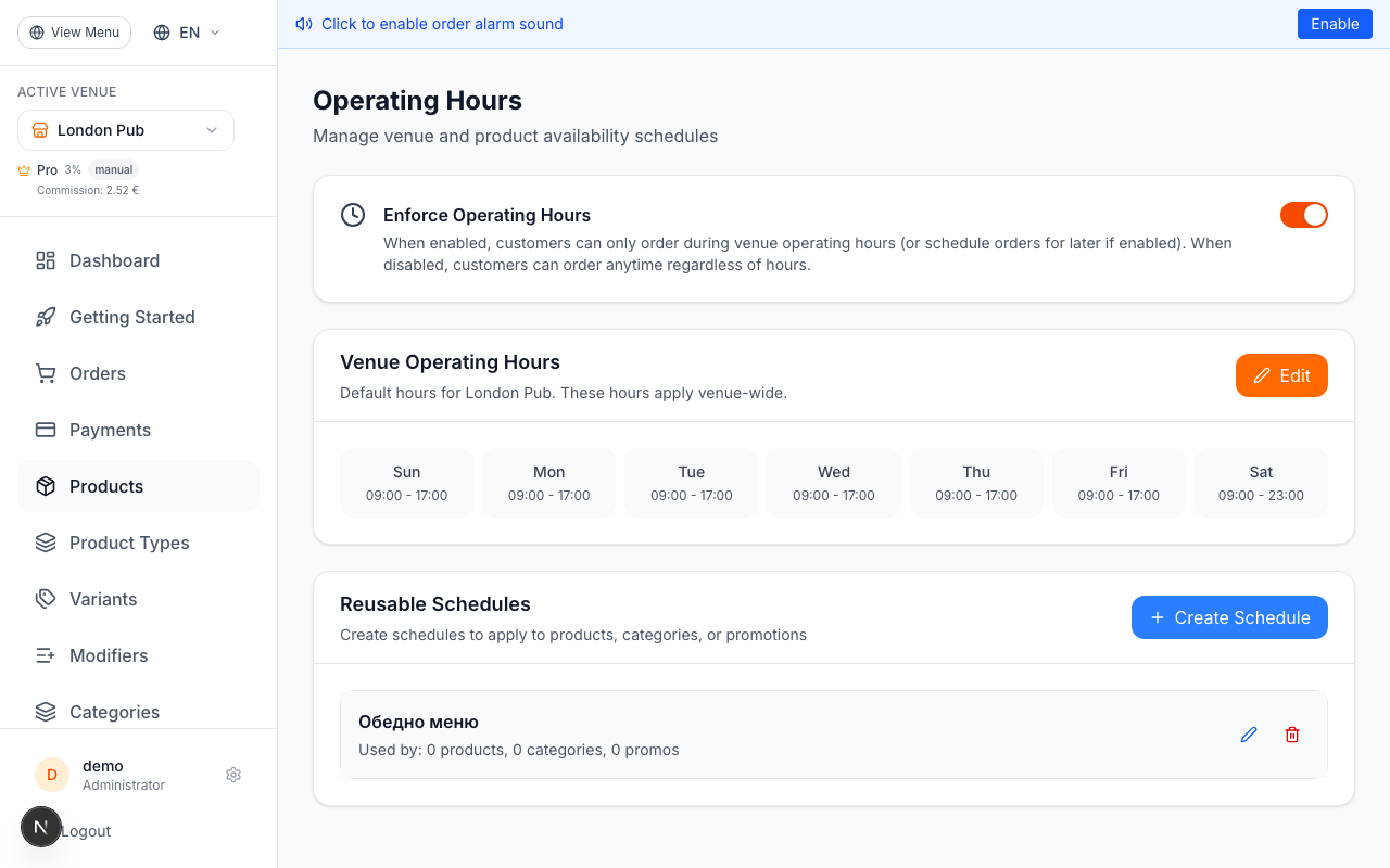 Set Up Operating Hours