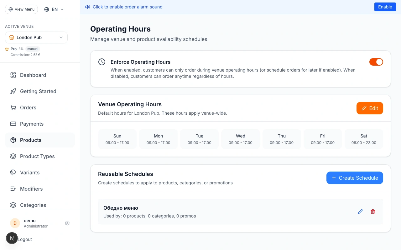 Set Up Operating Hours