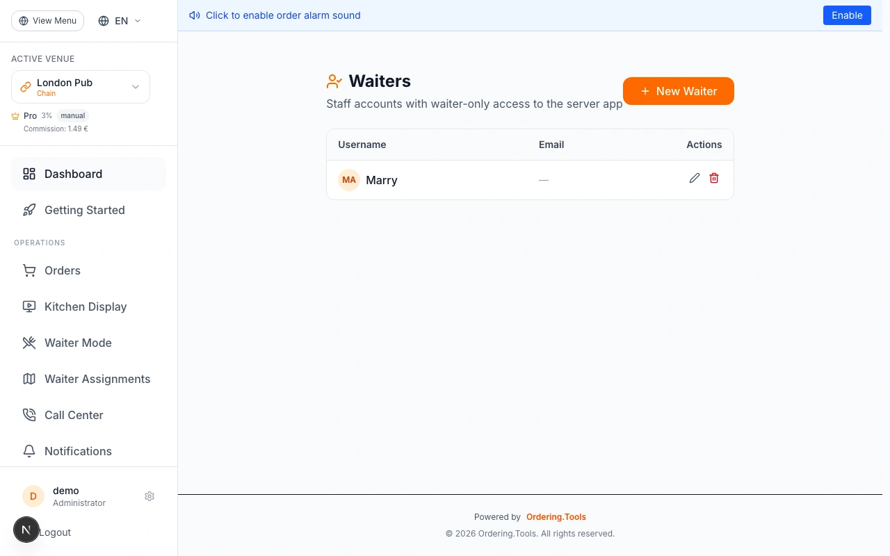 Create Waiter Accounts